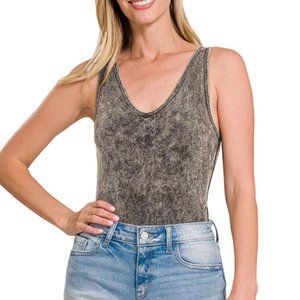 Zenana Mineral Wash V neck racer back Bodysuit top